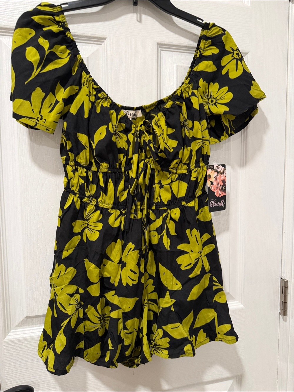 NWT Blush Black Mini Romper Dress Lime Green Floral Print Ruffle Detail Summer